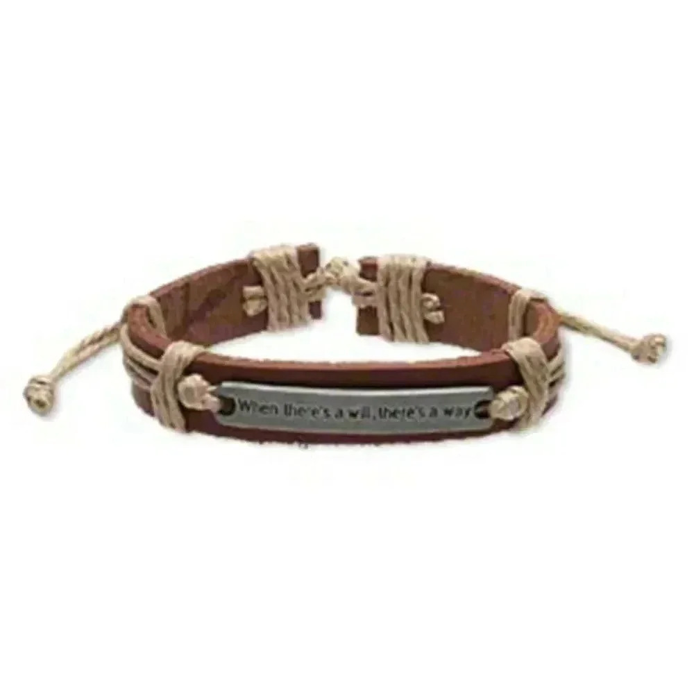 Brown Tan When There's a Will Leather Silver Pewter Adjustable Bracelet